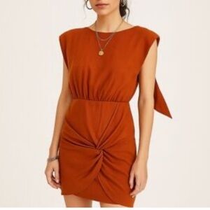 Free People Sleeveless Shoulder Pad Drape Front Skirt Rust-Orange Dress, Med